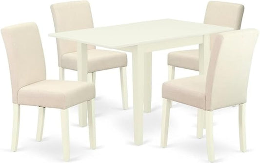 East West Furniture 1NDAB5-LWH-02 5 Piece Modern Dining Table Set Includes a Rectangle Wooden Table with Dropleaf and 4 Light Beige Linen Fabric Upholstered Chairs, 30x48 Inch, Linen White