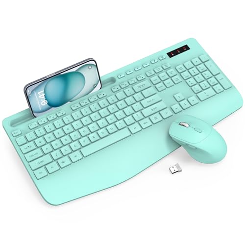 Wireless Keyboard and Mouse Combo - Full-Sized Ergonomic Keyboard with Wrist Rest, Phone Holder, Sleep Mode, Silent 2.4GHz Cordless Keyboard Mouse Combo for Computer, Laptop, PC, M