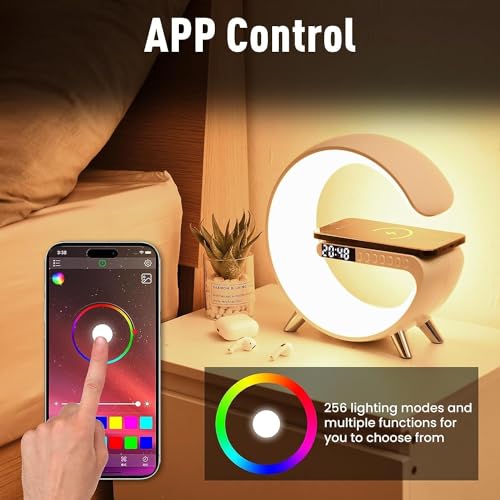 Smart LED Table Lamp, 4-in-1 Wireless Charger, Night Light, Alarm Clock, Bluetooth Speaker with App Control, Bedside Lamp with Charging Station for Bedroom, Office, Home Decor, Tee - Image 7