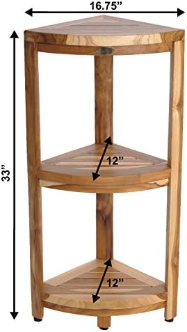 EcoDecors SnazzyCorner Natural Teak Corner Shower 3 Tier Shelf – Bathroom Organizer | Natural Wood Colors | Waterproof Teak Shower Caddy | Bathroom Storage & Organization | 33 Inches Tall