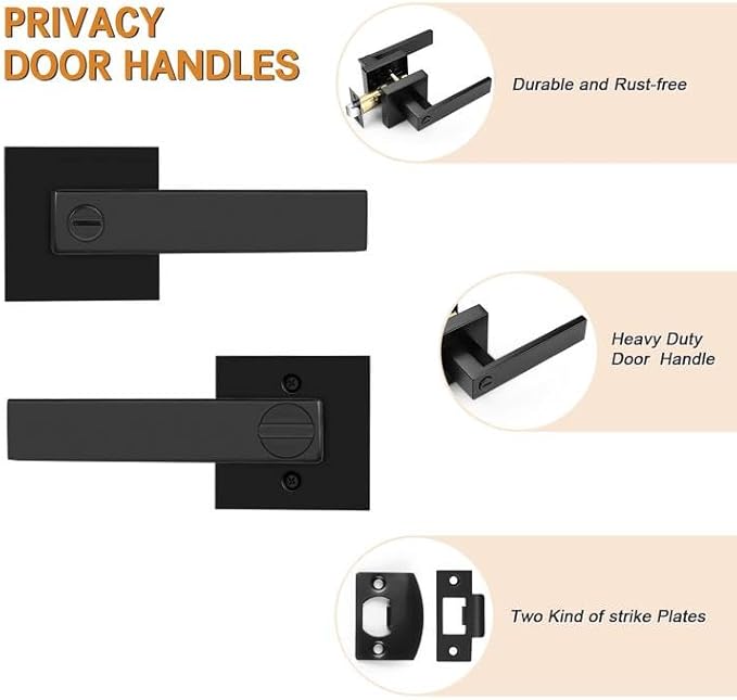 Probrico 3 Pack| Matte Black Square Privacy Door Levers Heady Duty Interior Door Handles, Keyless Locks Reversible Handlesets for Bed/Bath