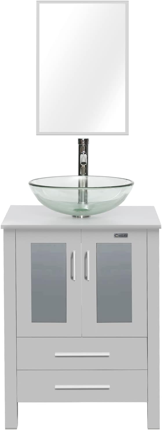 eclife 24" Modern Bathroom Vanity Sink Combo Freestanding Cabinet with Soft Closing Door, Clear Round Glass Vessel Sink, Water Save Faucet, Drain (Gray+A16)