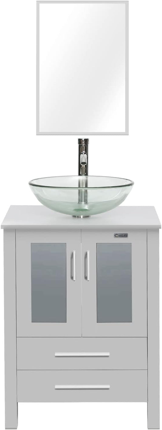 eclife 24" Modern Bathroom Vanity Sink Combo Freestanding Cabinet with Soft Closing Door, Clear Round Glass Vessel Sink, Water Save Faucet, Drain (Gray+A16)