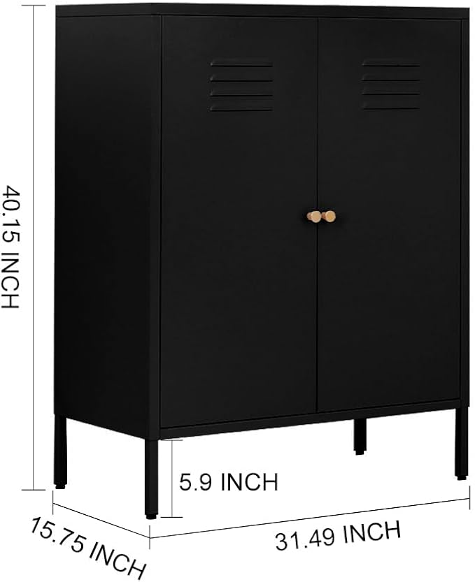 Black Metal Locker Storage Accent Cabinets with 2 Adjustable Shelves, 3 Tier Metal Storage Cabinet with Legs, Steel Cupboard Lockers for Kids Bedroom, Home, Office, Entryway, Kitchen