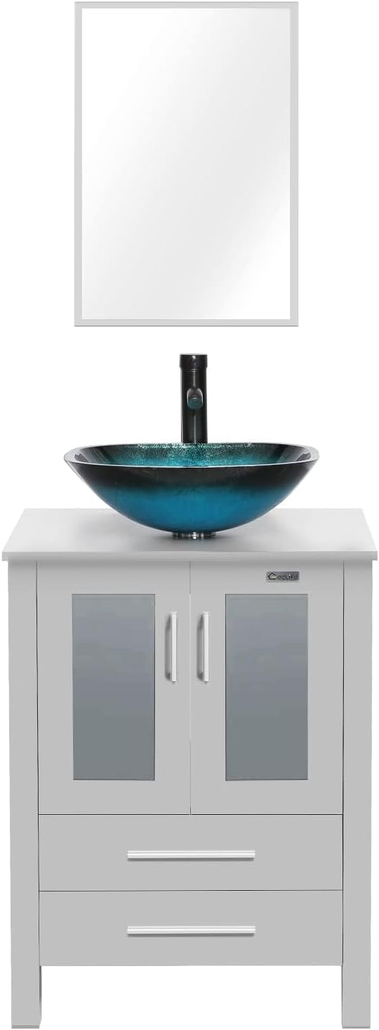 eclife 24" Modern Bathroom Vanity Sink Combo Freestanding Cabinet with Soft Closing Door, Turquoise Square Glass Vessel Sink, Water Save Faucet, Drain (Gray+A10)