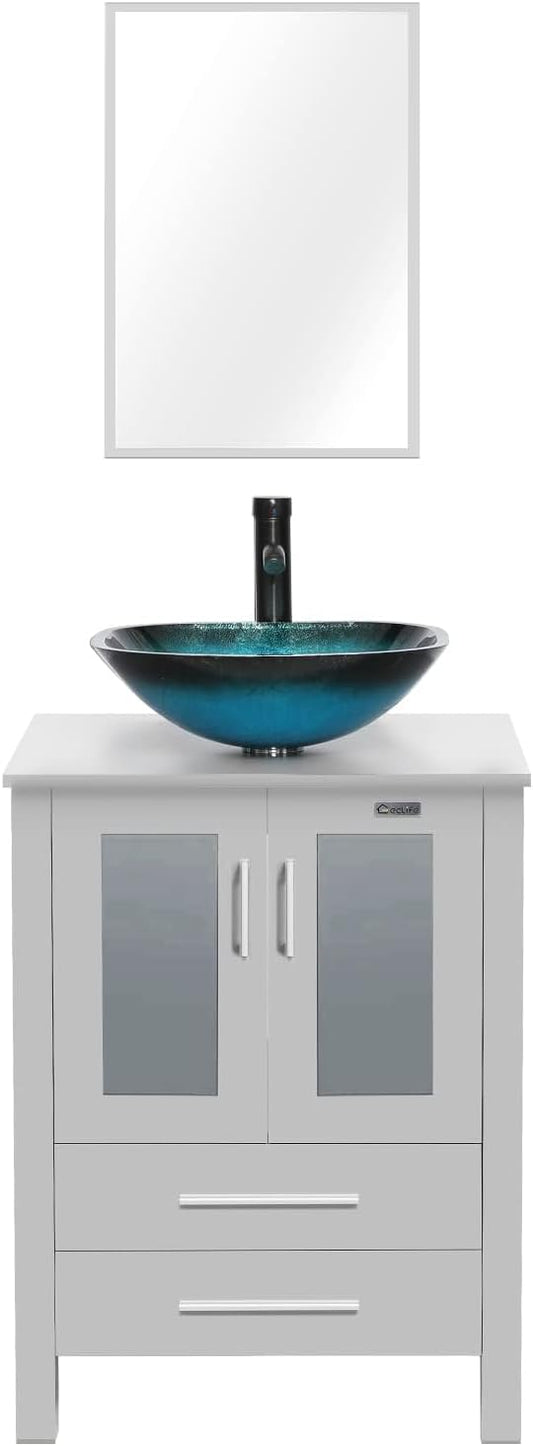 eclife 24" Modern Bathroom Vanity Sink Combo Freestanding Cabinet with Soft Closing Door, Turquoise Square Glass Vessel Sink, Water Save Faucet, Drain (Gray+A10)