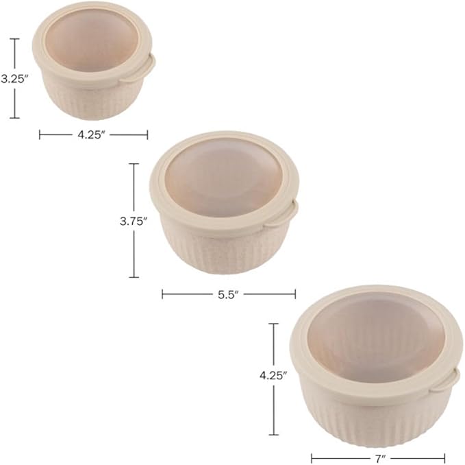 Set of 3 Bowls with Lids - Microwave, Freezer, and Fridge Safe Nesting Mixing Bowls - Eco-Conscious Kitchen Essentials by Classic Cuisine (Beige), S, M, L