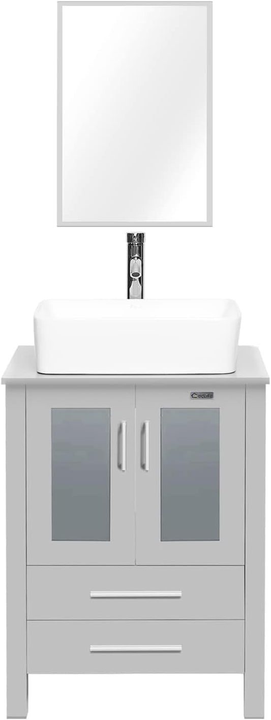 eclife 24" Modern Bathroom Vanity Sink Combo Freestanding Cabinet with Soft Closing Door, White Rectangle Ceramic Vessel Sink, Water Save Faucet, Drain (Gray+T03)