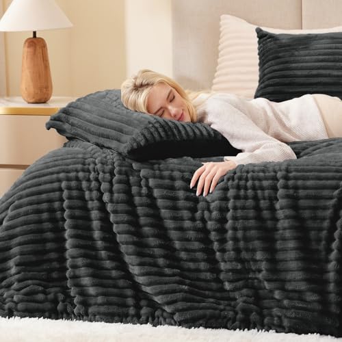 Fluffy Comforter Set King Size,3 Pieces Bed Set,Dark Grey - Image 3