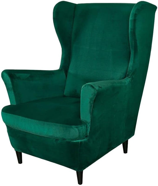 OBCREAT Wingback Chair Covers,2 Piece Stretch Velvet Wingback Chair Slipcover Soft Wing Chair Sofa Covers with Elastic Bottom,Armchair Couch Cover Furniture Protector for Living Room (Green)