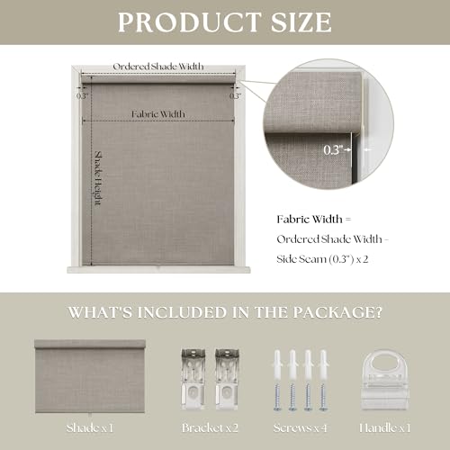 Black Out Shades Cordless Blinds for Bedroom Windows Free-Stop Thermal Insulated 100% Blackout Linen Roller Shades Blinds for Bedroom Living Dining Room, Greyish Beige Burlywood Bi
