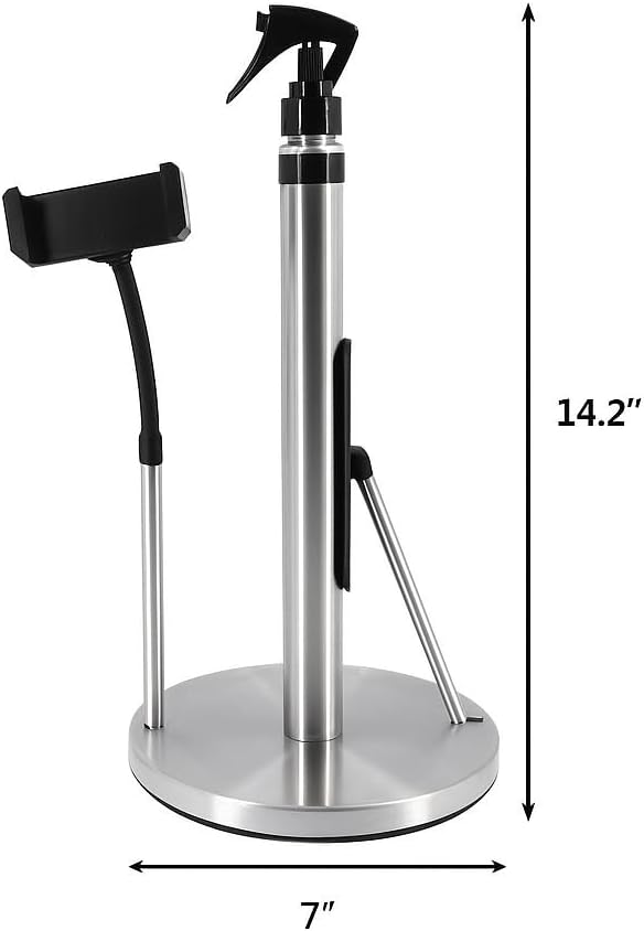 Kitchen Paper Towel Holder with Refillable Spray Bottle & Adjustable Phone Mount – 3-in-1 Countertop Stand for Cleaning and Cooking
