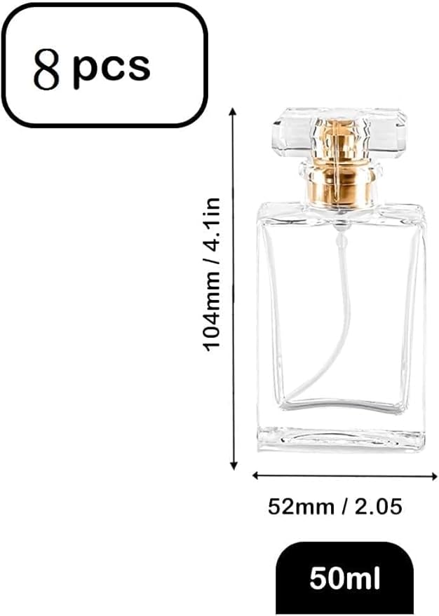 Empty Perfume Bottle Refillable 8PCS 50ml Glass Clear Travel Spray Atomizer Bottle Container Perfume Fine Mist Spray Bottle Pump Dispenser for Essential Oil Liquid (Square 50ml-8PCS)