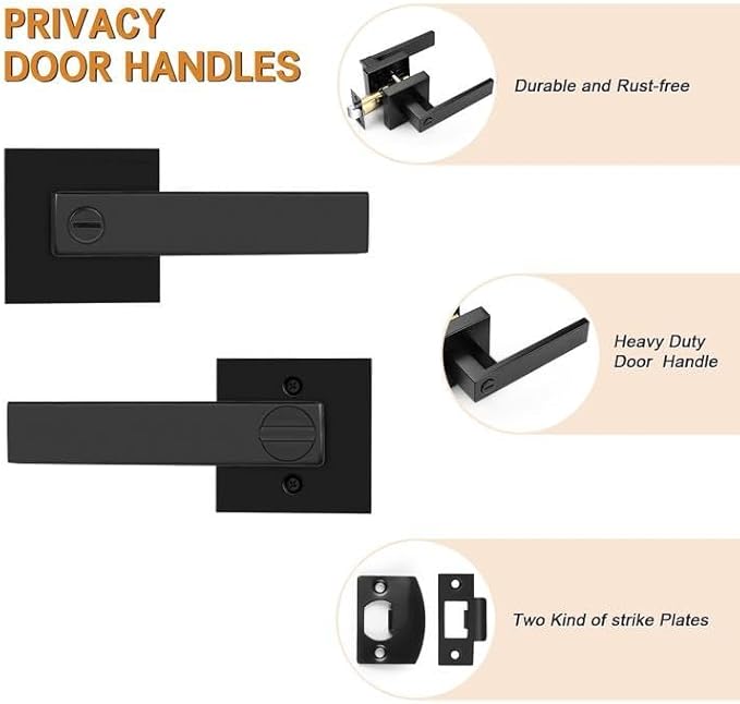 Probrico Matte Black Bed Bath Door Lever Heavy Duty Privacy Door Handle, Keyless Door Lock Interior Bathroom Bedroom Door Handle, Reversible for Left Right Sided Door, 12 Pack