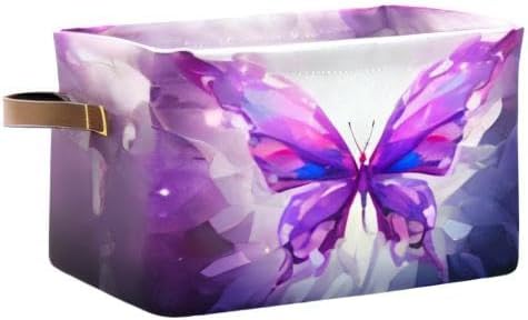 Storage Basket Purple Butterfly Rectangular Collapsible Canvas Shelves Storage Bins with Leather Handles for Shelves Home Closet Bedroom Living Room, 1Pack