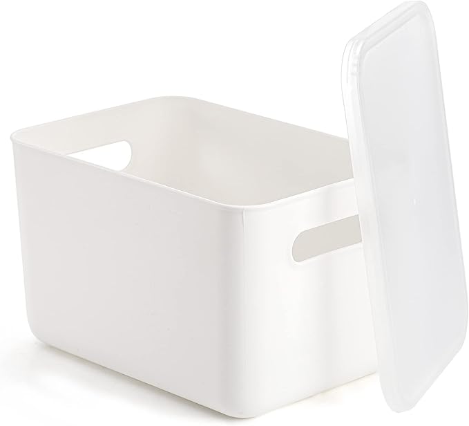 Lawei 4 Pack Plastic Storage Bins with Lid, White Stackable Storage Basket Organizer Box, Sturdy Containers Organizing Lidded Bins for Shelves, Cabinet, Desk, Pantry, Bedroom, Book, Toys