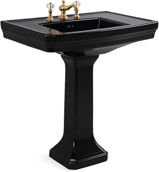 Victoria 32" Large Black Pedestal Bathroom Sink With Overflow Heavy Duty Porcelain Pre-Drilled Widespread Faucet Holes Renovators Supply Manufacturing