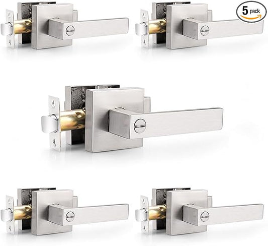 Probrico 5 Pack Door Handles Brsuhed Nickel Privacy Door Levers with Lock for Bedroom & Bathroom, Heavy Duty Square Interior Door Handles,for Left & Right Handed Doors,Keyless