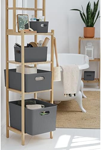 Decorative Plastic Basket Lidded Home Storage Bins Organizer Baskets, Large Grey (1 Pack - 15 Liter) Stackable Container Box, for Organizing Closet Storage Bins for Shelves - Ribbed Collection