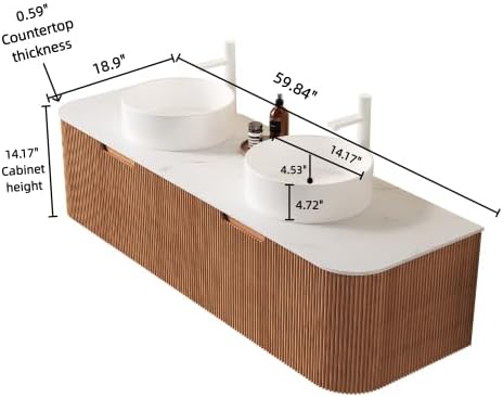 KEIKI 60" Wall-Mounted Floating Vanity, Modern Bathroom Vanity with Sinks and 3D Striped Drawer Fronts, 2 White Ceramic Vessel Basins, Pre-Assembled Storage Cabinet for Bathroom, Natural Wood