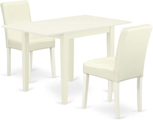 East West Furniture 1NDAB3-LWH-64 3 Piece Kitchen Table Set Contains a Rectangle Dining Room Table with Dropleaf and 2 White Faux Leather Parsons Dining Chairs, 30x48 Inch, Linen White