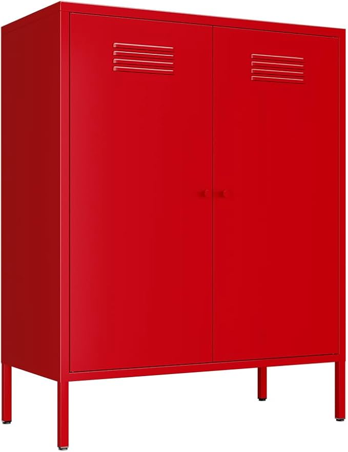Red Metal Locker Storage Accent Cabinets with 2 Adjustable Shelves, 3 Tier Metal Storage Cabinet with Legs, Steel Cupboard Lockers for Kids Bedroom, Home, Office, Entryway, Kitchen