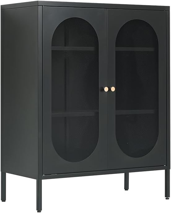 Black Metal Locker Storage Accent Cabinets with 2 Adjustable Shelves, 3 Tier Metal Storage Cabinet with Legs, Steel Cupboard Lockers for Kids Bedroom, Home, Office, Entryway, Kitchen