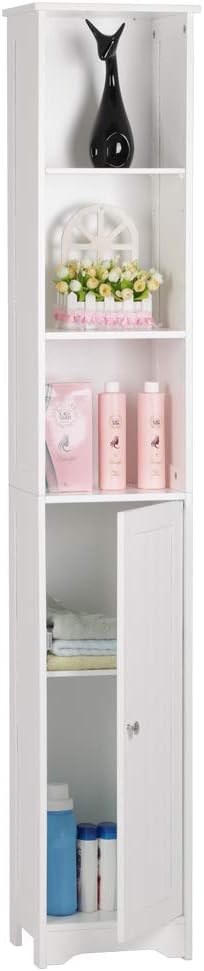 FCH 67" Tall Bathroom Cabinet, Slim Floor Cabinet White Narrow Storage Organizer with Adjustable Shelves, Space Saving Pantry Utility Storage
