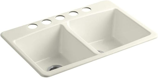 KOHLER 5846-5U-96 Brookfield Under-Mount Double-Equal Bowl Kitchen Sink with 5 Oversized Faucet Holes, Biscuit