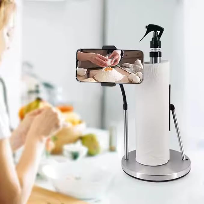 Kitchen Paper Towel Holder with Refillable Spray Bottle & Adjustable Phone Mount – 3-in-1 Countertop Stand for Cleaning and Cooking