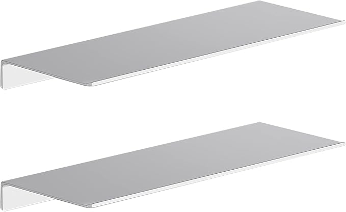Danpoo Adhesive Floating Shelves for Wall Storage, Metal Wall Shelves for Living Room, Bathroom, Kitchen, 16” Display Shelves for Collectibles(Silver, 2 PCS)