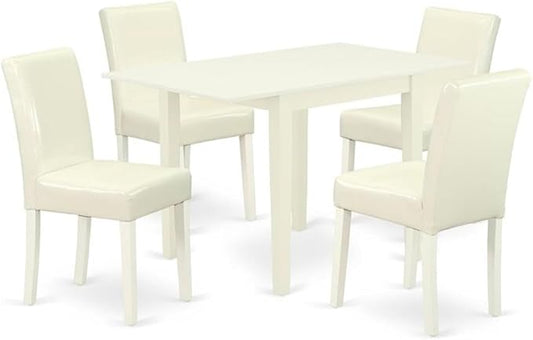 East West Furniture 1NDAB5-LWH-64 5 Piece Dinette Set for 4 Includes a Rectangle Dining Room Table with Dropleaf and 4 White Faux Leather Parson Dining Chairs, 30x48 Inch, Linen White