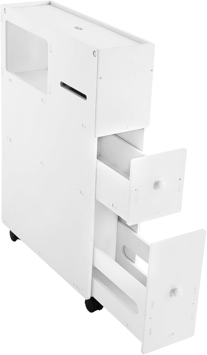 Xuthusman Slim Bathroom Floor Cabinet Toilet Storage Organizer W/Shelf Free Standing Cabinet with Slide Out 2 Drawer and Wheels White