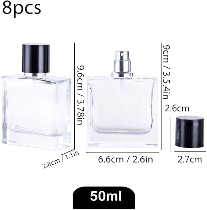 Glass Perfume Bottle Empty Refillable 8Pack Clear Travel Perfume Spray Atomizer Bottle 50ml Perfume Fine Mist Spray Perfume Bottle Atomizer Container with Sprayer Applicator (Flat Square 50ml 8PCS)