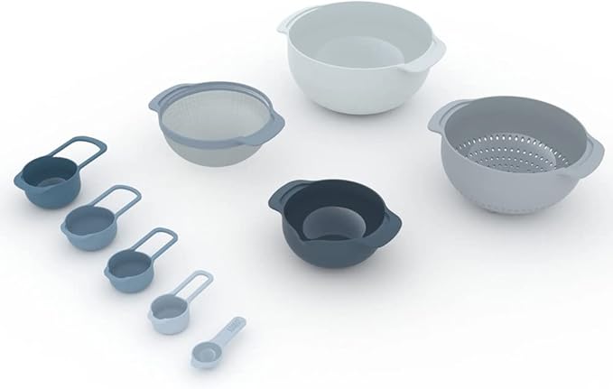 Joseph Joseph Nest 9 Piece Compact Food Preparation Set with Mixing Bowls, Measuring cups, Sieve and Colander, Space Saving, Blue