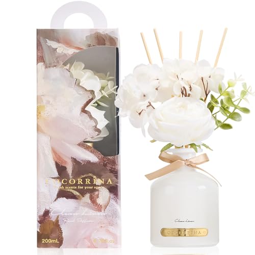 Cocorrína Clean Linen Flower Reed Diffuser Set, 6.7oz Home Fragrance with Sticks, Long Lasting Scented Diffuser for Bathroom, Bedroom, Living Room & Shelf Decor