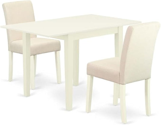 East West Furniture 1NDAB3-LWH-02 3 Piece Kitchen Table Set Contains a Rectangle Dining Room Table with Dropleaf and 2 Light Beige Linen Fabric Parson Dining Chairs, 30x48 Inch, Linen White