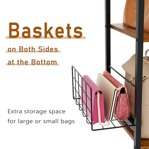 koozuuyk 4-Tier Purse Organizer for Closet with 3 Side Hooks and 2 Baskets, High Capacity Purse Rack Stand for Purse Storage, Metal & Wood Handbag Holder for Handbag Organizer, Pat - Image 6