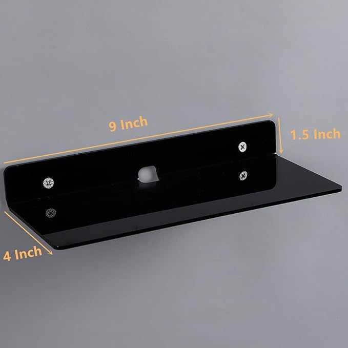 IEEK 4 PCS Small Acrylic Floating Wall Shelves,9 Inch Adhesive Display Shelf for Nintendo Switch/Smart Speaker/Security Cameras/Action Figures,No Damage Expand Wall Space,Black
