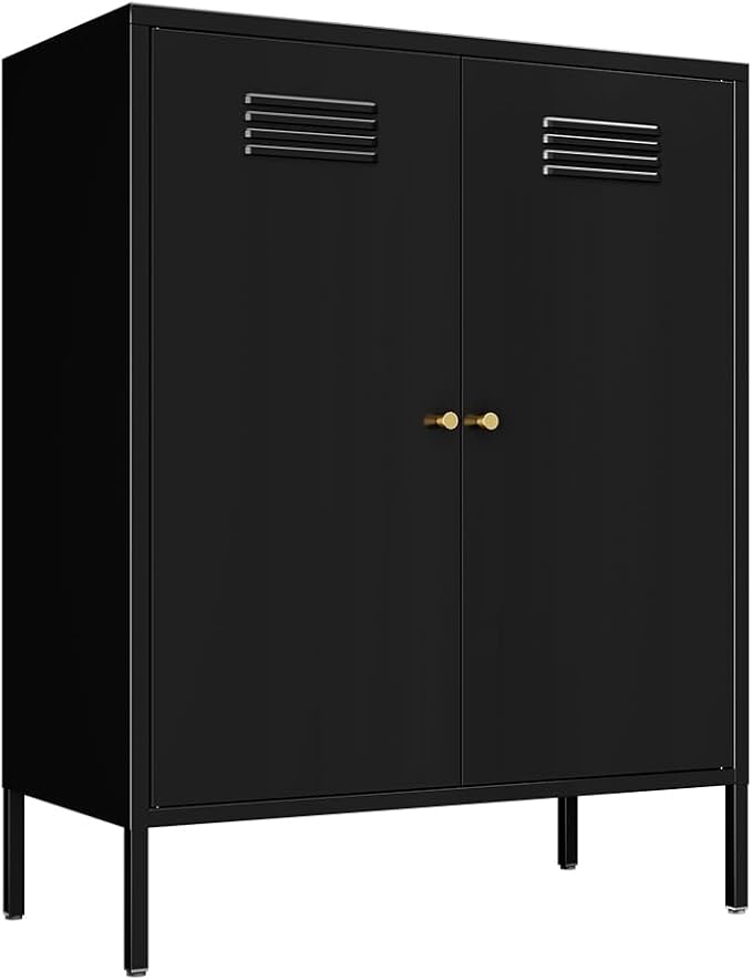 Black Metal Locker Storage Accent Cabinets with 2 Adjustable Shelves, 3 Tier Metal Storage Cabinet with Legs, Steel Cupboard Lockers for Kids Bedroom, Home, Office, Entryway, Kitchen
