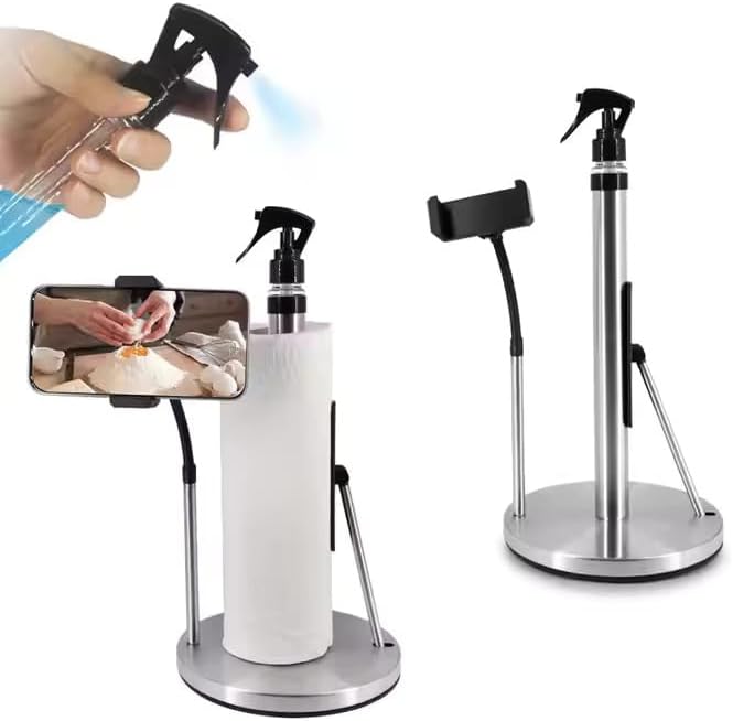 Kitchen Paper Towel Holder with Refillable Spray Bottle & Adjustable Phone Mount – 3-in-1 Countertop Stand for Cleaning and Cooking