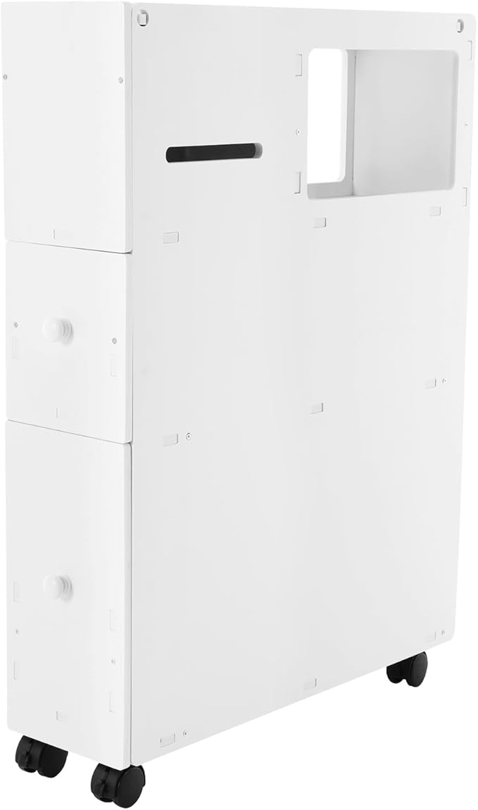 Xuthusman Slim Bathroom Floor Cabinet Toilet Storage Organizer W/Shelf Free Standing Cabinet with Slide Out 2 Drawer and Wheels White
