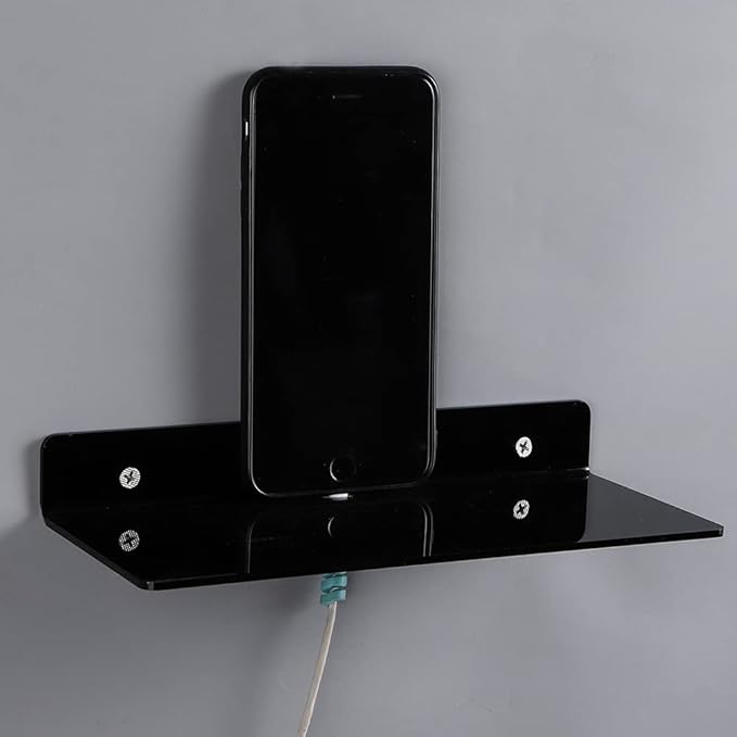 IEEK 4 PCS Small Acrylic Floating Wall Shelves,9 Inch Adhesive Display Shelf for Nintendo Switch/Smart Speaker/Security Cameras/Action Figures,No Damage Expand Wall Space,Black