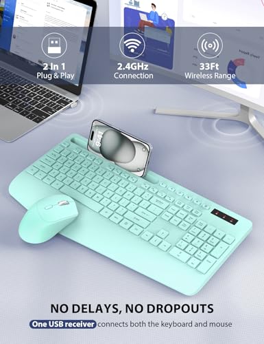 Wireless Keyboard and Mouse Combo - Full-Sized Ergonomic Keyboard with Wrist Rest, Phone Holder, Sleep Mode, Silent 2.4GHz Cordless Keyboard Mouse Combo for Computer, Laptop, PC, M