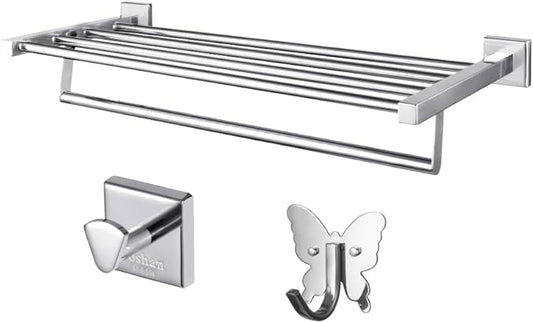 Roshan Handcrafted and Hand Polished Multi Purpose Towel Rack, Rust Proof and Peel Resistant Towel Shelf, Includes 2 Handmade Hooks, PVD Gold Finish (3, Polished Silver)