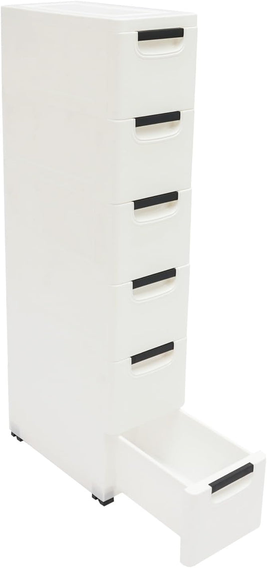 6 Drawers Plastic Storage Cabinet, Mobile Slim Utility Cart on Wheels, for Narrow Space Office Classroom Bedroom Bathroom (White)