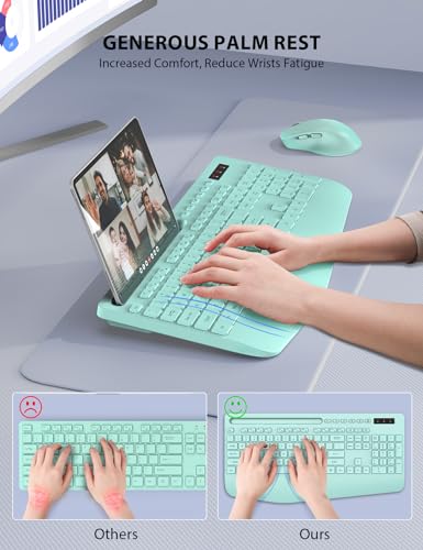 Wireless Keyboard and Mouse Combo - Full-Sized Ergonomic Keyboard with Wrist Rest, Phone Holder, Sleep Mode, Silent 2.4GHz Cordless Keyboard Mouse Combo for Computer, Laptop, PC, M