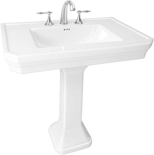 Renovators Supply Victorian 32" W Large Pedestal Bathroom Sink – Heavy-Duty White Porcelain, Pre-Drilled Widespread Faucet Holes, and Overflow