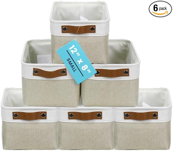 OrganiHaus Small Fabric Storage Baskets for Shelves 6 Pack, 12x8in Closet Storage Bins for Shelves, Cloth Storage Bins, Linen Closet Organizers, Fabric Basket, Shelf Baskets for Organizing Beige/White