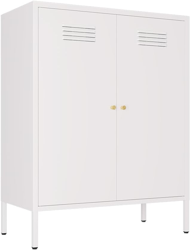 White Metal Locker Storage Accent Cabinets with 2 Adjustable Shelves, 3 Tier Metal Storage Cabinet with Legs, Steel Cupboard Lockers for Kids Bedroom, Home, Office, Entryway, Kitchen